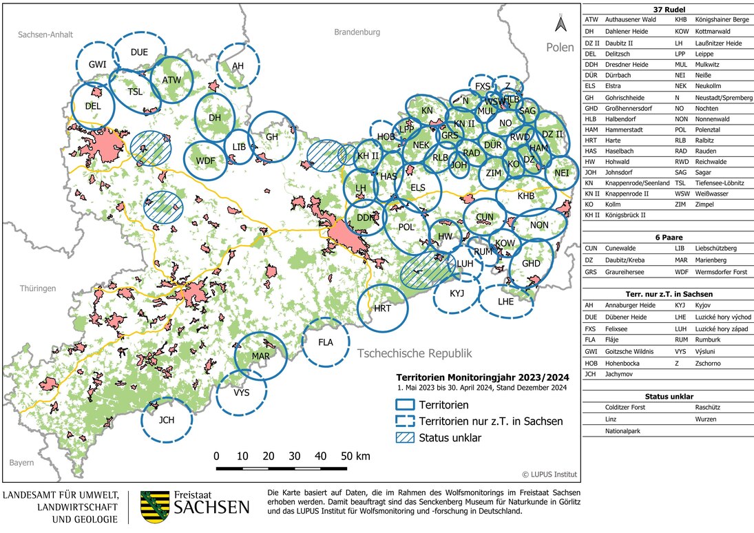 Karte von Sachsen mit Darstellung der bestätigten Wolfsterritorien und Gebiete mit Status unklar im Monitoringjahr 2023/2024