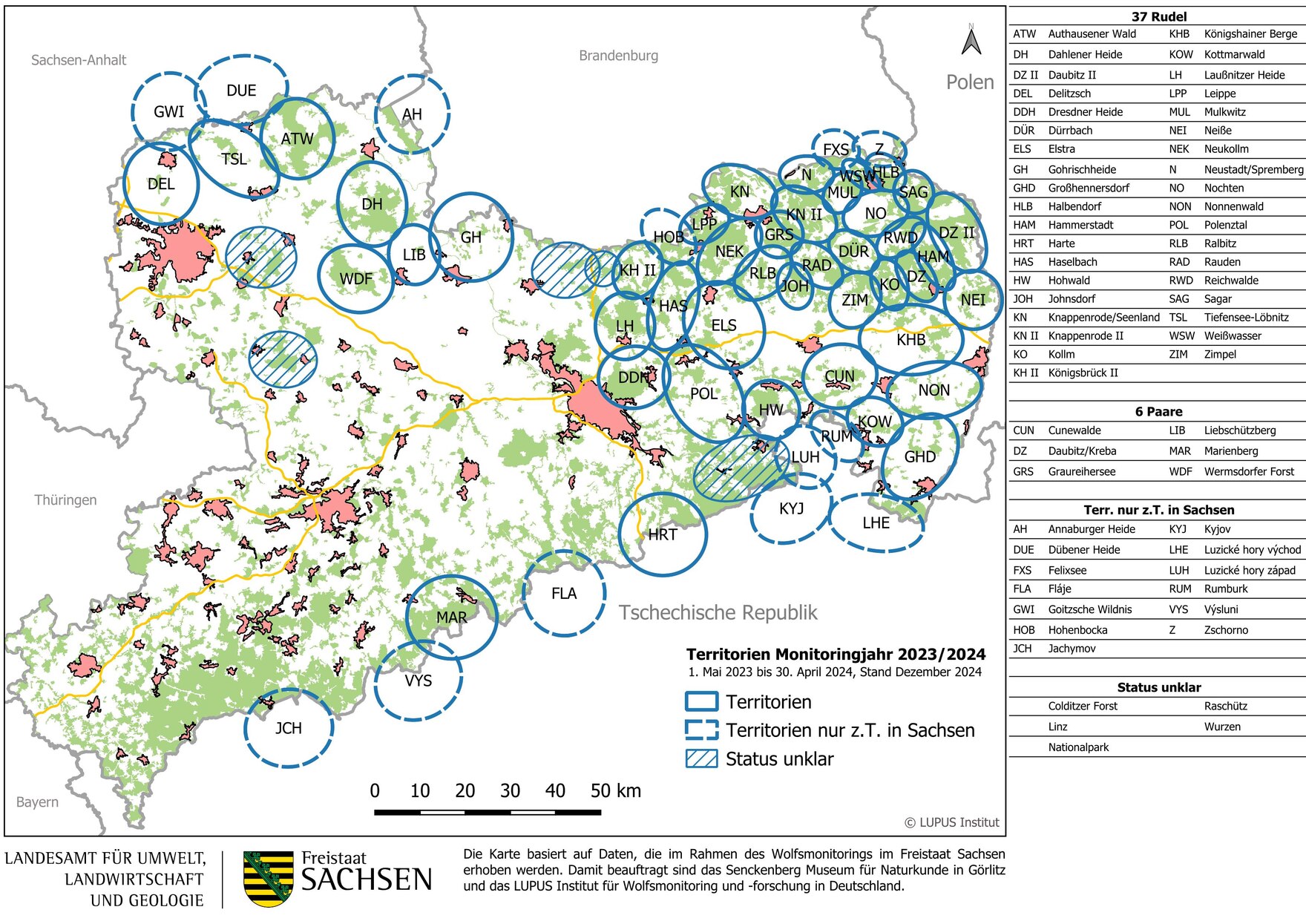 Karte von Sachsen mit Darstellung der bestätigten Wolfsterritorien und Gebiete mit Status unklar im Monitoringjahr 2023/2024