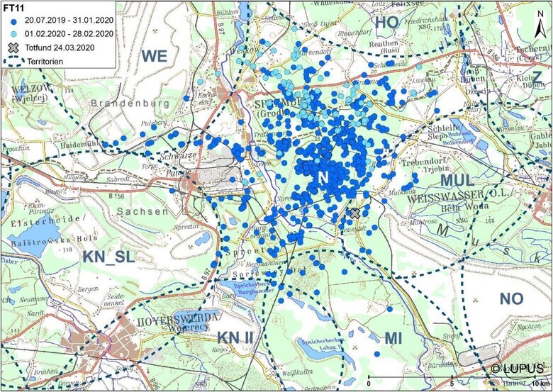 Karte mit den Lokationspunkten von FT11 für den Zeitraum 20. Juli 2019 bis 28. Februar 2020