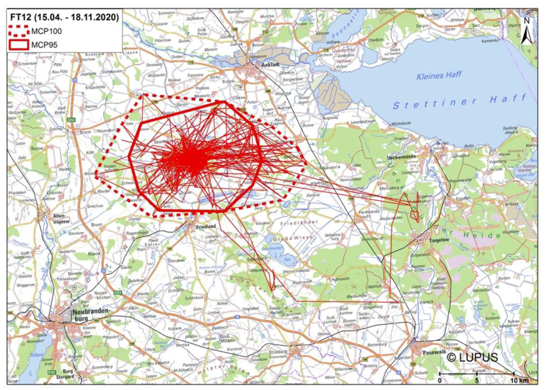 Karte mit Lokationsdaten sowie dem MCP95 und MCP100 von FT12 für den Zeitraum 15. April bis 18. November 2020